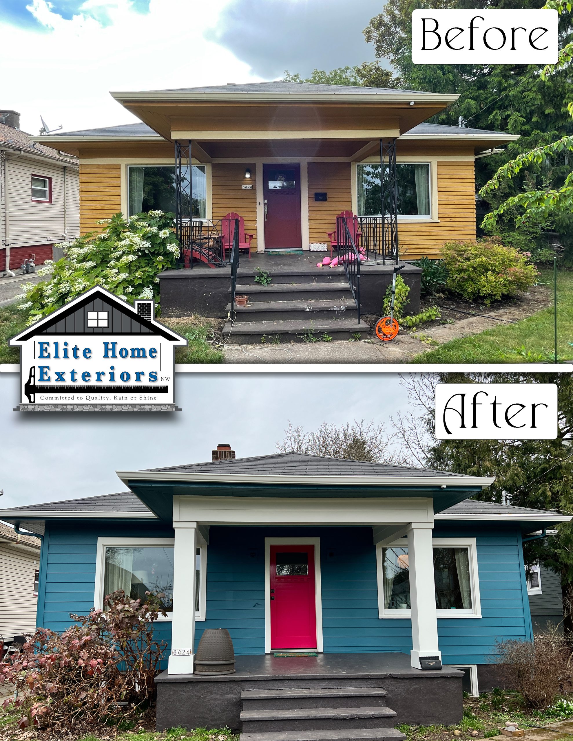 Before and After Picture of Cedar Siding being replaced with James Hardie Fiber Cement Smooth with Elite Home Exteriors NW Siding Contractor